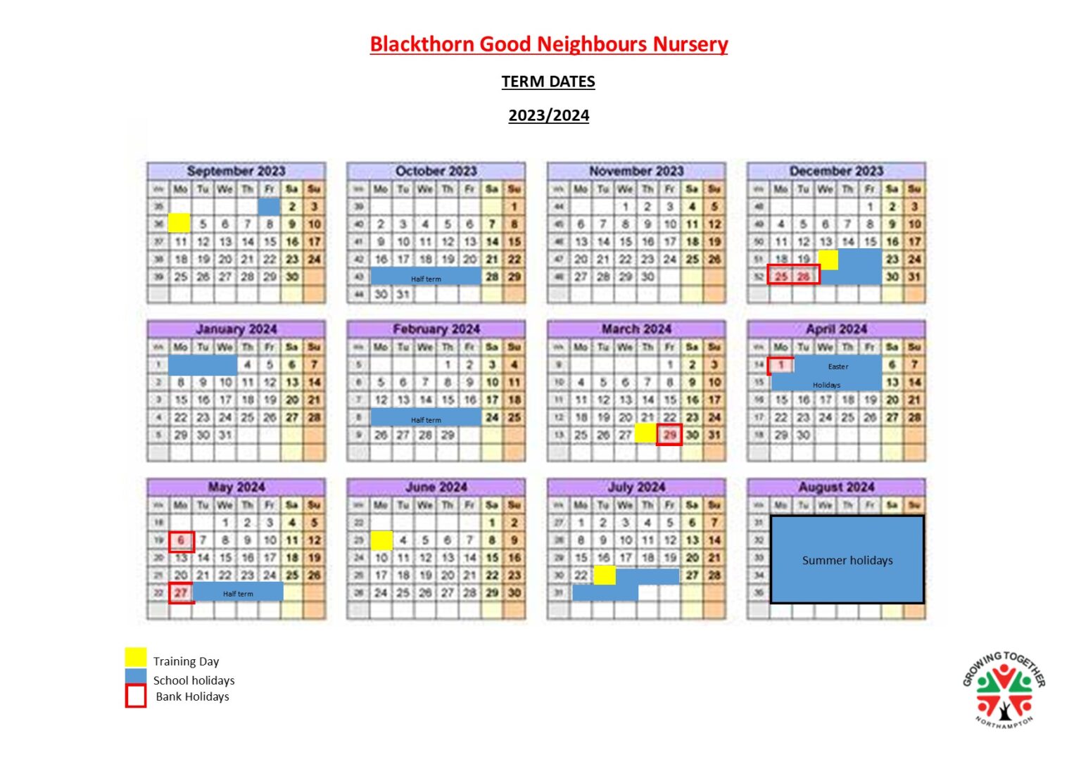 BGN Nursery Term Dates fronm September 2023 July 2024 Growing